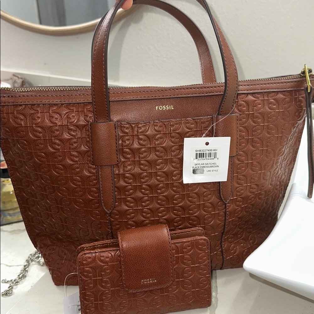 Fossil Skylar Satchel Emboss Brown with Wallet